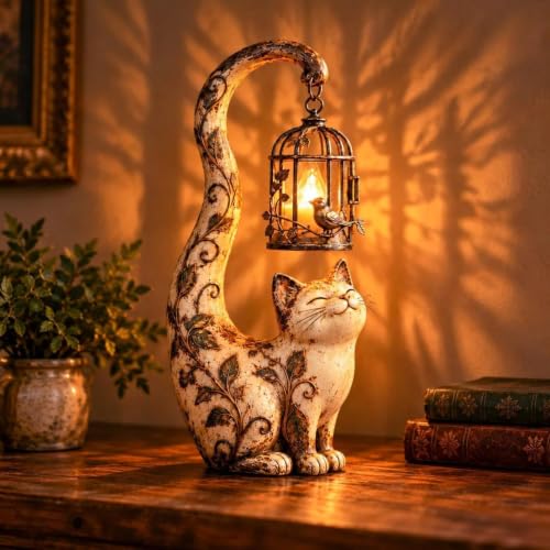 7.48'' Vintage Cat Lantern Sculpture Lamp, Cat Statue with Hanging Lantern - image 5