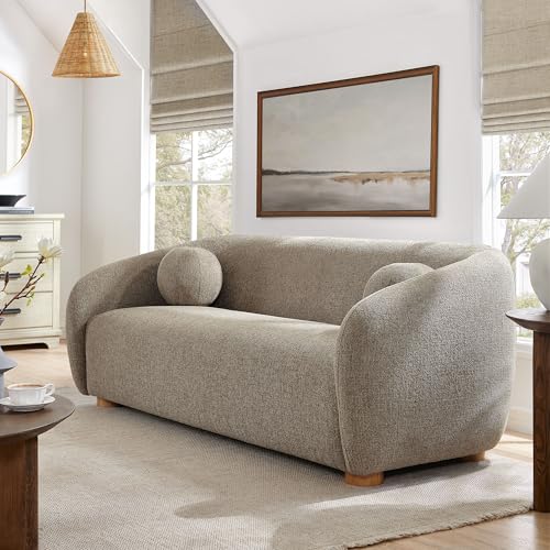 Image of Modway Holland 85 Inch Minimalist Curved Back Sofa in Taupe - Chenille Fabric Sofa with Ball Throw Pillows and Wood Feet - Modern 3-Seater Couch for Living Room
