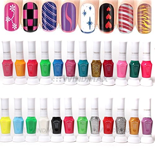 WindMax(R) 24 Color 2-way 3D Acrylic Nail Polish Pen Dotting Brush Pure Solid Glitter Gel Nail Art Painting Polish Kit DIY Drawing Set