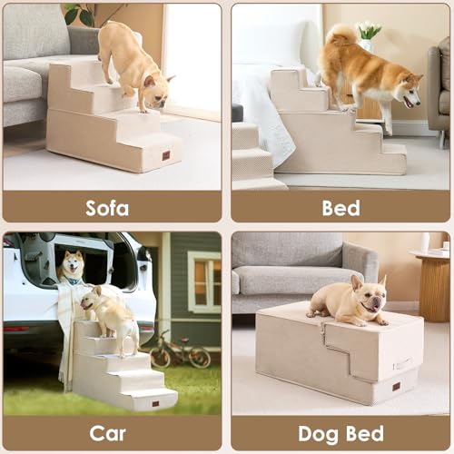 Image of EHEYCIGA Dog Stairs for High Bed 22.5 inch H, 5-Step Extra Wide Dog Steps for Bed, Pet Steps for Small Dogs and Cats, Non-Slip Balanced Pet Ramp Indoor, Beige