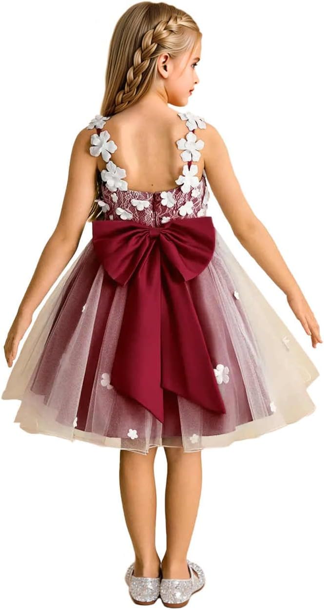 Girls Lace Flower Girl Dress 3D Floral Sleeveless Tulle Princess Wedding Pageant Party Dresses with Big Bow