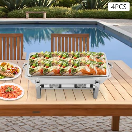 4pcs Edelstahl Chafing Dish, 9L Speisenwärmer Warmhaltebehälter mit Deckel & 2 Brennstoffhalterungen, Buffetwärmer Wärmebehälter für Speisen, Lebensmittelwärmer für Buffet, Catering, Party, 62*34*31cm – Bild 5