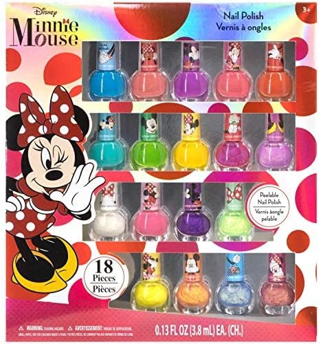 Disney Minnie Mouse - Townley Girl Non-Toxic Peel-Off Nail Polish Set for Girls, Glittery and Opaque Colors, Ages 3+ (18 Pieces)