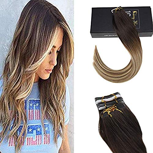 Sunny Full Head Tape in Hair Extensions Balayage Ombre Dark Brown Fading to Golden Blonde Highlighted Warm Brown Human Hair Extensions Tape in 40 Pieces 16 inch