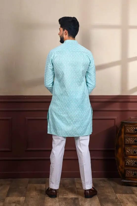 Image of LookMark Men's Printed Silk Blend Kurta with Mandarin Collar, Full Sleeves, Straight Fit Traditional Ethnic Wear