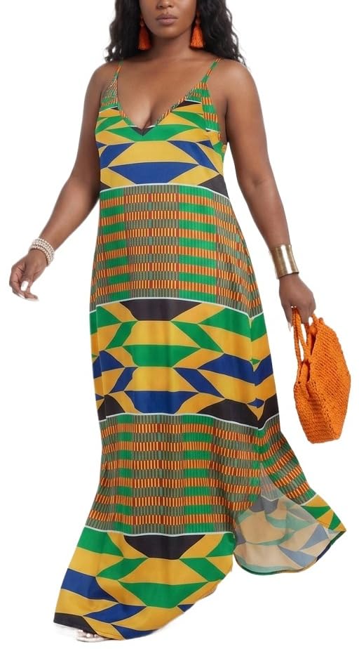 Image of Women's Casual Summer Maxi Dresses Sleeveless Adjustable Spaghetti Strap Loose Plus Size Dresses
