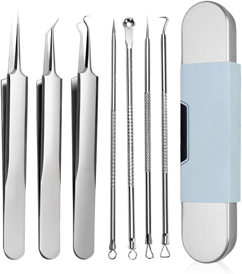 7 Piece Set Blackhead Extraction,Stainless Steel Blackhead Remover, Professional Facial Blackhead Remover Tweezers