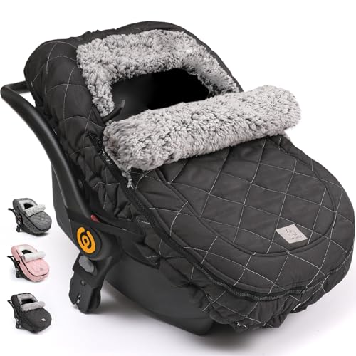 Image of ACRABROS Car Seat Cover Baby: Winter Infant Carseat Canopy for Boy Girl Newborn, Zipper Peeping Window, Warm Cozy Cold Weather Waterproof Fitted, Black