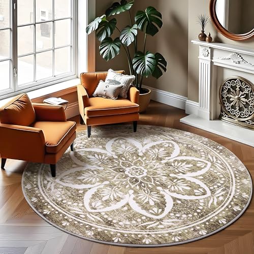 Image of Carvapet Vintage 60 inch Round Rugs - Washable Non-Slip Circle Rug with Rubber Backing Foldable Low Pile Design for Living Room Bedroom, 5 ft Brown Rug