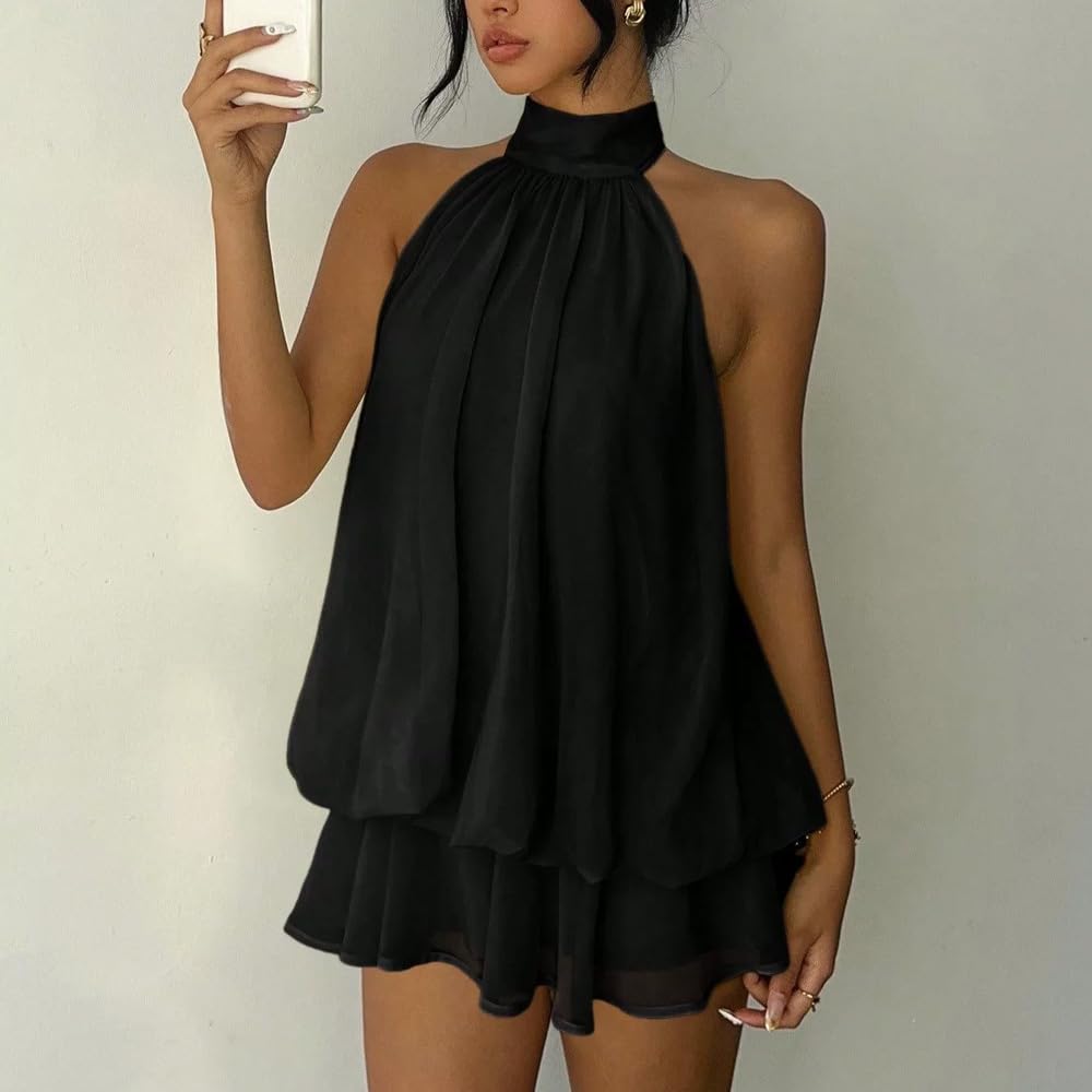 Abito da cocktail da donna, in chiffon, con scollo all'americana, senza maniche, estivo, senza maniche, con volant, mini abito da brunch