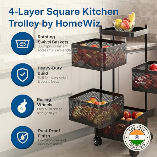 Image of HomeWiz Square Kitchen Rack 4- Layer | Lifetime Usage Heavy Duty Steel Trolley | Kitchen Storage | Onion Potato Rack For Kitchen | Multipurpose Storage Rack for Fruits & Vegetables | Rust-Free Forever
