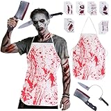 chuanhylis Sangriento Delantal Halloween, Delantal Sangriento de Halloween, Disfraz Terror Delantals con Adorno para Cabeza, Cuchillo Falso, Calcomanías para Fiestas, Cosplay, Decoración