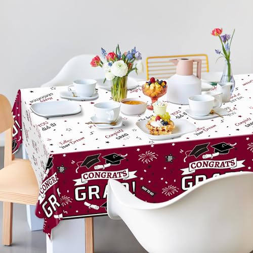 Image of Oigco Graduation Party Decorations, Congrats Grad Graduation Tablecloth for 2026 Graduation Party Supplies, 3 Pack Maroon Disposable Plastic Table Cover, 54 inchx108 inch