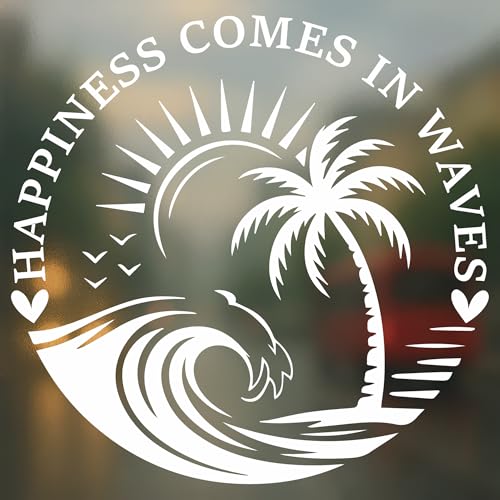 Happiness Comes in Waves Car Decal - Beach Ocean Palm Tree Vinyl Sticker for SUV Truck Window Laptop - Waterproof Durable - Gift for Beach Lovers