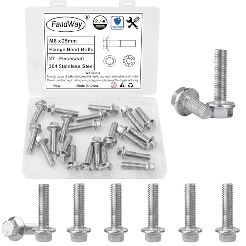 FandWay 27 Pièces Boulons A Bride Hexagonale,M8x25mm Vis à Tete Hexagonale avec à Bride,Vis Boulons a Bride en Acier inoxydable A2 (V2A / 304) .Filetage Complet,Pas de Filetage de 1,25mm.