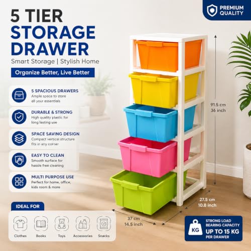 Image of 5XL Extra Large Plastic Drawer Organizer - Modular Storage Cabinet for Kitchen, Bathroom & Home (Space-Saving Design, 27x32x85 cm, Multicolour)
