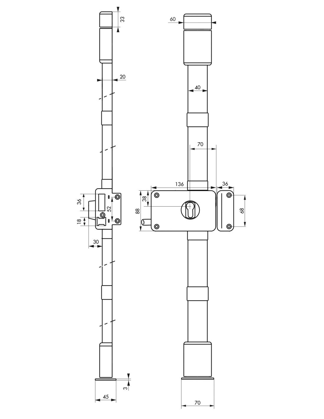 THIRARD - Boîtier de Serrure en Applique Horga à Tirage pour Porte d'Entrée - Droite - 3 Points - Porte de 1,65 à 2,25 m - Axe 70 mm - Blanc - Acier - Mécanisme Intérieur - Gâche Équerre