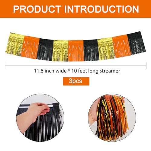Image of BEISHIDA 3 Packs Metallic Foil Fringe Garland Gold Orange Black Wall Hanging Tinsel Fringe Banners for Car Floats Bridal Shower Wedding Birthday Graduation Holiday Party Decoration(30 Feet)