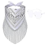 Ricawa Fringe Rhinestone Bandana Disco Cowgirl Bachelorette Sparkly Bandanas for Women Men Halloween, with Heart Sunglasses(White)