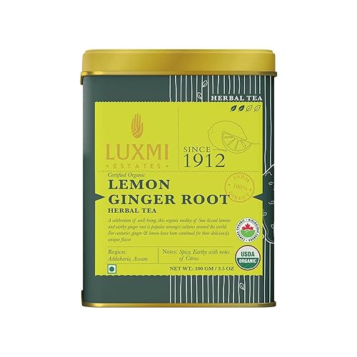 Luxmi Estates Raíz de jengibre y limón  Hoja suelta de lata de 50 gm, té de hierbas orgánicas certificadas, sabor y aroma cítricos, cáscara de