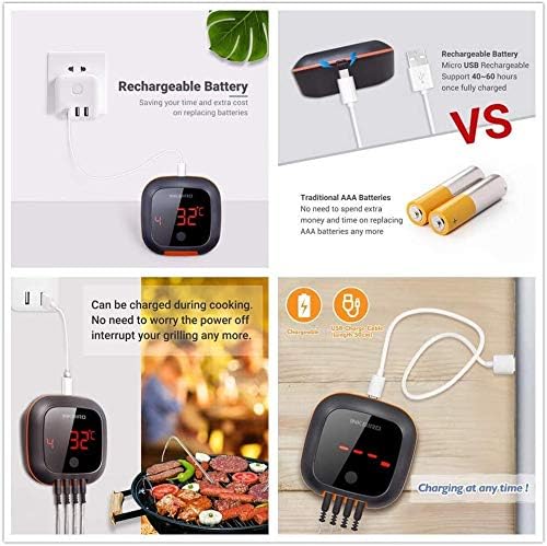 review Inkbird Bluetooth Meat Thermometer, Four Probes Grill Meat Oven Thermometer with 150 ft Bluetooth Remote Range,Magnet, High and Low Alarm, Timer for Smoker,Kitchen Cooking,Homebrewing
