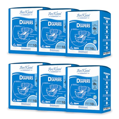 Image of AroKleen Overnight Adult Diapers Tape Style, Medium, 60 Count, Waist Size (71.1-101.6 cm | 28 inch-40 inch Inches) | 2X Absorbent, 16 Hour Protection, Wetness Indicator- Pack 6