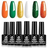 Beetles Gel Nail Polish Set, St. Patrick's Day 6 Colors Sparkle Green Nail Polish Glitter Orange Gel Polish Kit Nail Art Decoration Gel Manicure at Home Gift Kit