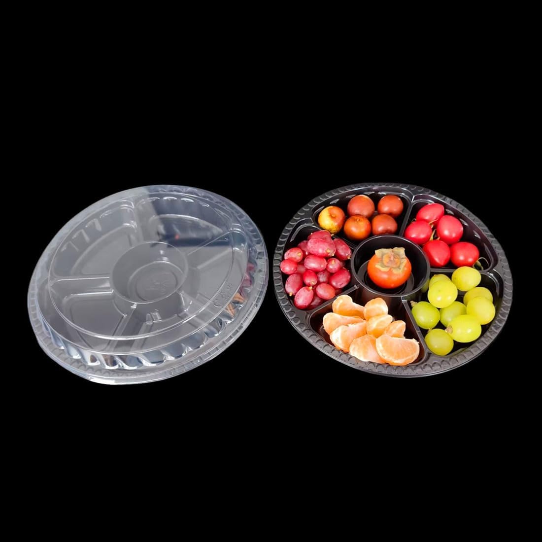 Black Plastic Appetizer Trays with Lids, Travel Round Disposable Compartment Serving Platters,6 Sectional Catering Trays for Vegetable Salad Food for Fruit Veggie Snack Food Containers (10 Pack)
