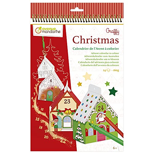 Avenue Mandarine - Ref GY123C - Graffy Christamas Advent Calendar to Colour - 24 Pre-Cut Houses to Colour & Assemble, 160gsm Paper, Suitable for Ages 6+