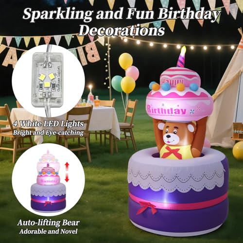 Lewondr 6FT Inflatable Birthday Cake Outdoor Decorations, Automatic Lifting Bear, Waterproof Blow Up Happy Birthday Decor with Candle 4 LED Lights for Outdoor Indoor Party Garden Yard Lawn