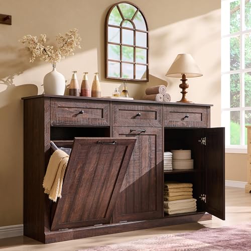 Image of IFBUY Triple Tilt Out Laundry Hamper Cabinet, Trash Cabinet, Brown