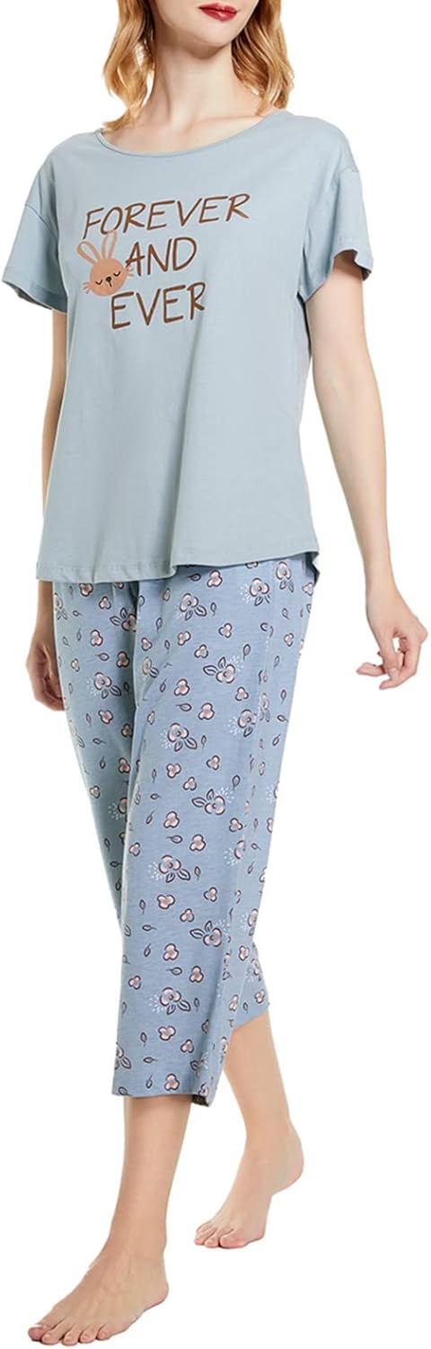 Tugege Womens Pajama Sets Short Sleeve Sleepwear Tops with Capri Pants Fun Printed 2 Piece Lounge Pjs Set - Image 5