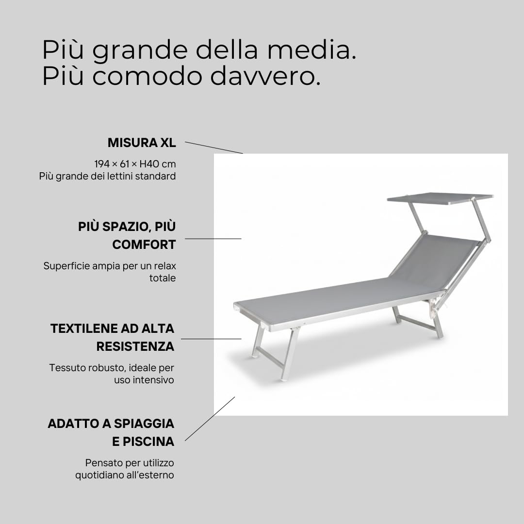 Lettino spiaggia mare prendisole pieghevole professionale Alluminio MAIORCA, misura XL da stabilimento balnerare (Gray)