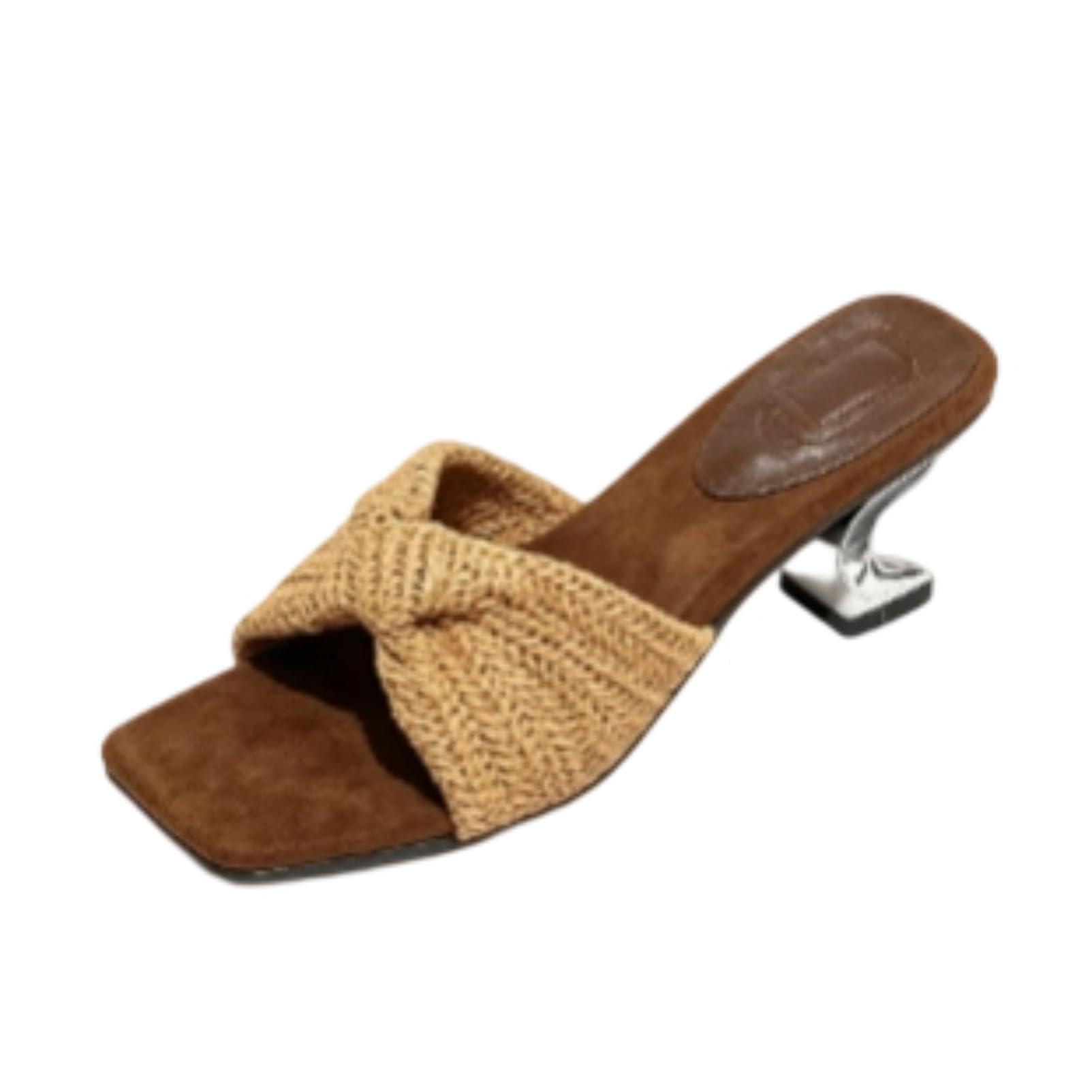 Generico Sandali Mule in Paglia Annodati da Donna | Ciabatte Punta Quadrata Tacco Sagomato Metallico Con Soletta In Raso Design Slip On Per Scarpe Estive Eleganti