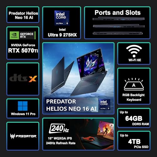 Image of Acer Predator Helios Neo 16 AI Gaming Laptop 16 inch 2560x1600 IPS 240Hz (100% DCI-P3) Intel 24-core Ultra 9 275HX 64GB RAM 4TB SSD GeForce RTX 5070 Ti (Up to 992 AI Tops) Win11Pro ICP Hub