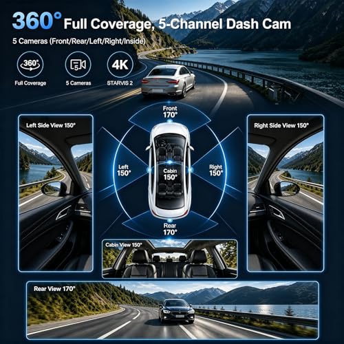 Image of PRUVEEO 5 Channel Dash Cam Front and Rear Inside Left Right, 4K 360 Dash Camera for Cars, Built-in GPS WiFi Night Vision, 24 /7 Recording Parking Mode Monitor, 128G Card Included