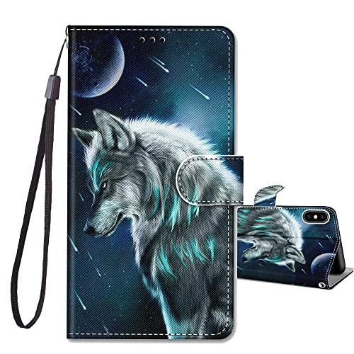 Image of JRIANY Wallet Flip Case for iPhone X/XS with Card Holder, Wolf B