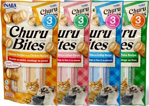 INABA Churu Bites for Cats Soft Baked Chicken Churu Filled Cat Treats with Green Tea Extract 0.35 Ounces Each Tube 12 Tubes Total 4 Flavor Variety