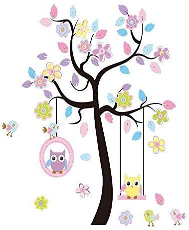 Charming Art Colorful Tree Decals with Hanging Owl, DIY Wall Decor, Pink Owl Wall Sticker, Owl Wallpaper for Kids Room, Reusable Stickers
