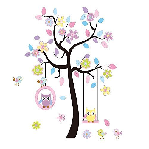 LaceDecal Charming Art Colorful Tree Decals with Hanging Owl, DIY Wall Decor, Pink Owl Wall Sticker, Owl Wallpaper for Kids Room, Reusable Stickers