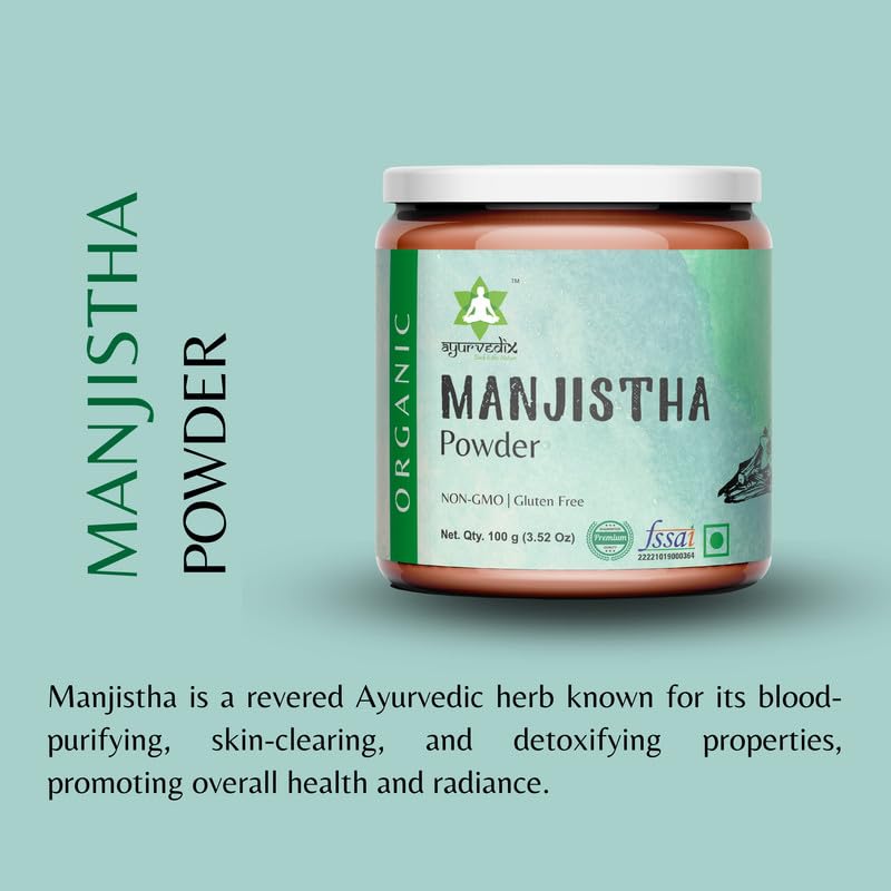 Image of Manjistha Powder 100g | Rubia Cordifolia Root Powder for Face & Skin | Natural Ayurvedic Face Pack for Brightening, Glow & Even Skin Tone | Paraben-Free, Chemical-Free