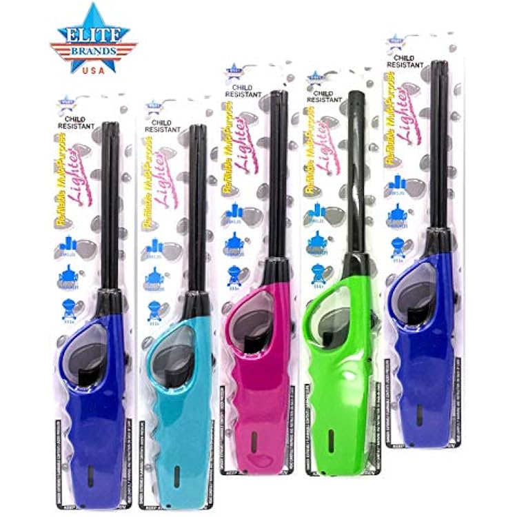 Long Lighters Pack, 5 Pack of Butane Refillable Fire Lighters, Ideal as Multipurpose Utility Lighters BBQ Lighters Grill Lighters Kitchen Lighters, Multicolor, Large