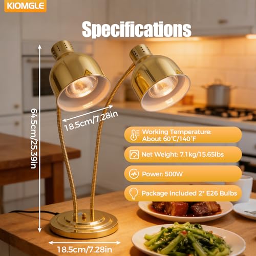 500W Food Heat Lamp, Gold Portable Commercial Electric Food Warmer Stainless Steel Double-Head Food Warmers Catering Food Warming Equipment with 2 Bulbs for Parties Food Service Hotels Cafeteria - Thumbnail 6