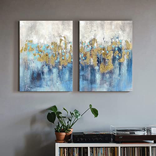 Blue Abstract Wall Art Canvas: 2 Piece Bedroom Living Room Modern Hand Painted Textured Painting Picture Glitter Gold Foil Print Minimalist Contemporary Gallery Artwork For Home Office Decor #TOP6