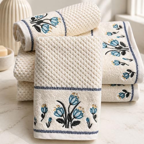 Image of SENSES By Riba Cotton Embroidered Towel Set, 550 GSM Soft & Absorbent, Antimicrobial, Oeko-Tex Certified | Ideal for Home & Gifting, Pack of 4 (2 Bath 27 inchX50 inch + 2 Hand Towels 16 inchX26 inch) - Style 22