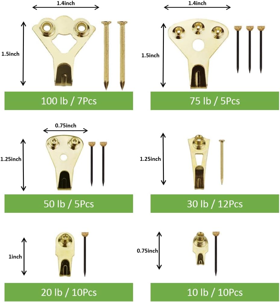 Picture Hangers,Picture Hanging Kit, Heavy Duty Picture Hooks with Nails and Hardware for Wall Mounting Picture Frame, Canvas, Mirror Hanging, Holds 10-100 lbs,Golden (120PCS)