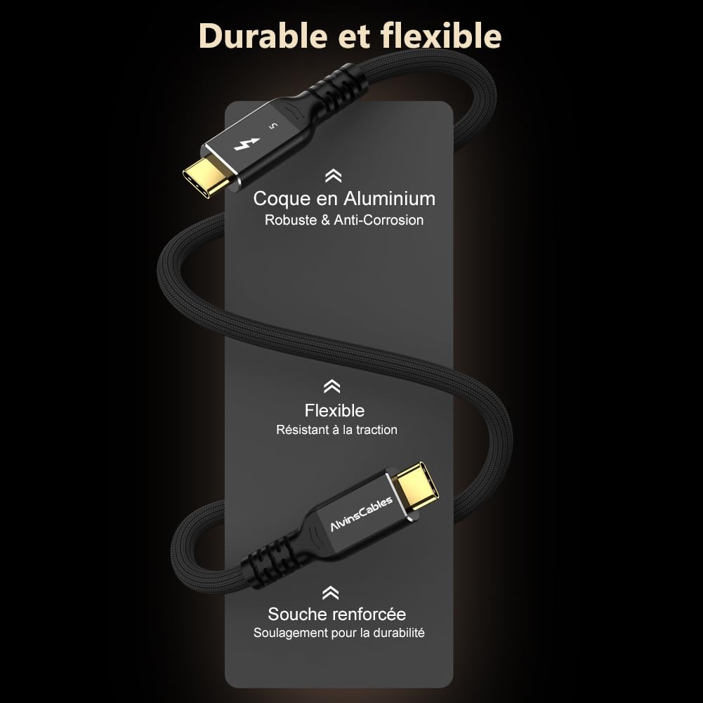 Alvin's Cables Câble Thunderbolt 5, 1ft USB-C vers USB-C Cable 120 Gbps 240W PD Fast Charging 16K Affichage, compatible avec Thunderbolt 4/3, USB4, pour MacBook, Egpu, Dock, Intel certifié