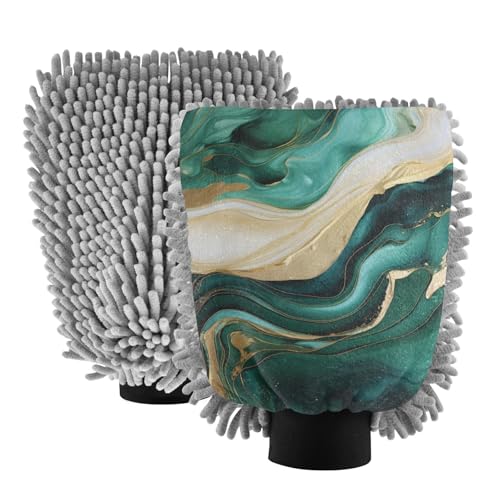 IOACIY Absorbent Microfiber Car Wash Drying Mitts, 2 Pack, Scratch-Free & Lint-Free, Rich Foam, Highly Absorbent, Double Sided, Wash Mitt Perfect for Car Washing, M, Marble Green
