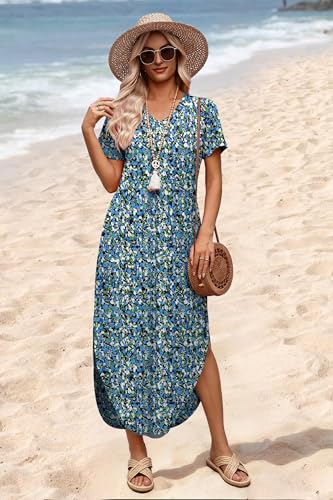 Image of WIHOLL Women's Summer Short Sleeve Dresses Maxi Dress Vacation Beach Sundresses 2026 with Pockets