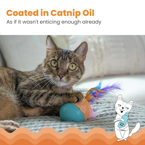 Catstages Whack N' Wobble Ball Intearctive Cat Toy, Weighted Ball with Feathers, Bell, Glitter Fabric & Catnip Oil, Turquoise by Catstages - Image 4